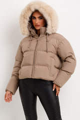 womens faux fur hood padded puffer jacket for winter