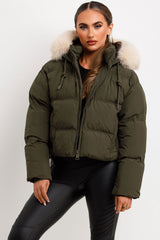 womens padded puffer jacket with big fur hood