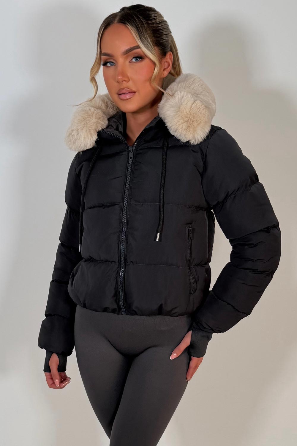 womens charcoal grey puffer jacket with faux fur hood for winter