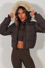 womens faux fur hood puffer jacket brown