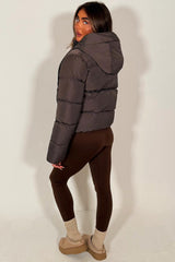 womens brown puffer jacket with hood styledup