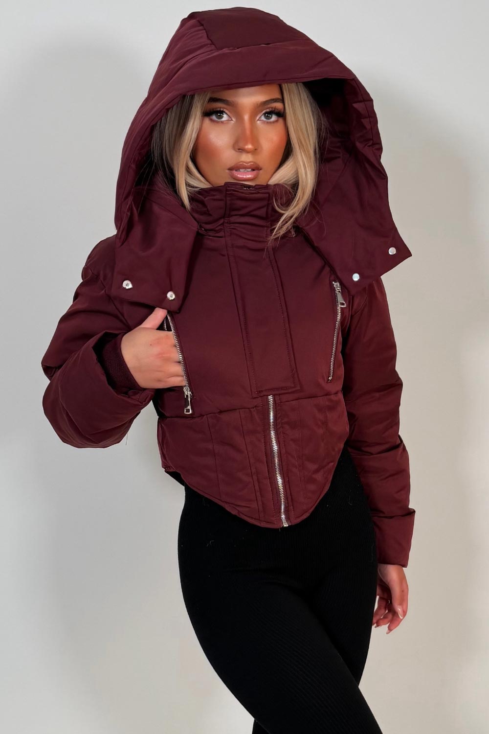 womens padded puffer hooded winter jacket with funnel neck styledup uk