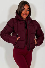 womens zara puffer jacket burgundy