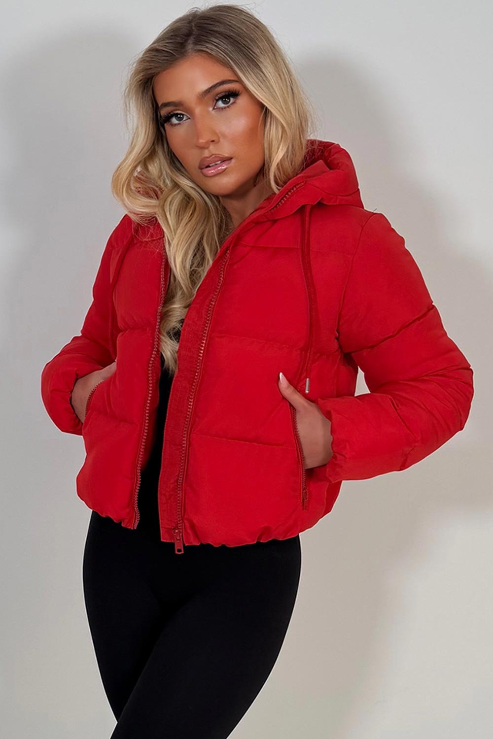 red padded puffer hooded jacket womens uk 