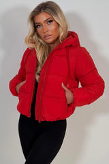 red padded puffer hooded jacket womens uk 