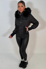 womens black puffer padded ski jacket with fur hood styledup uk