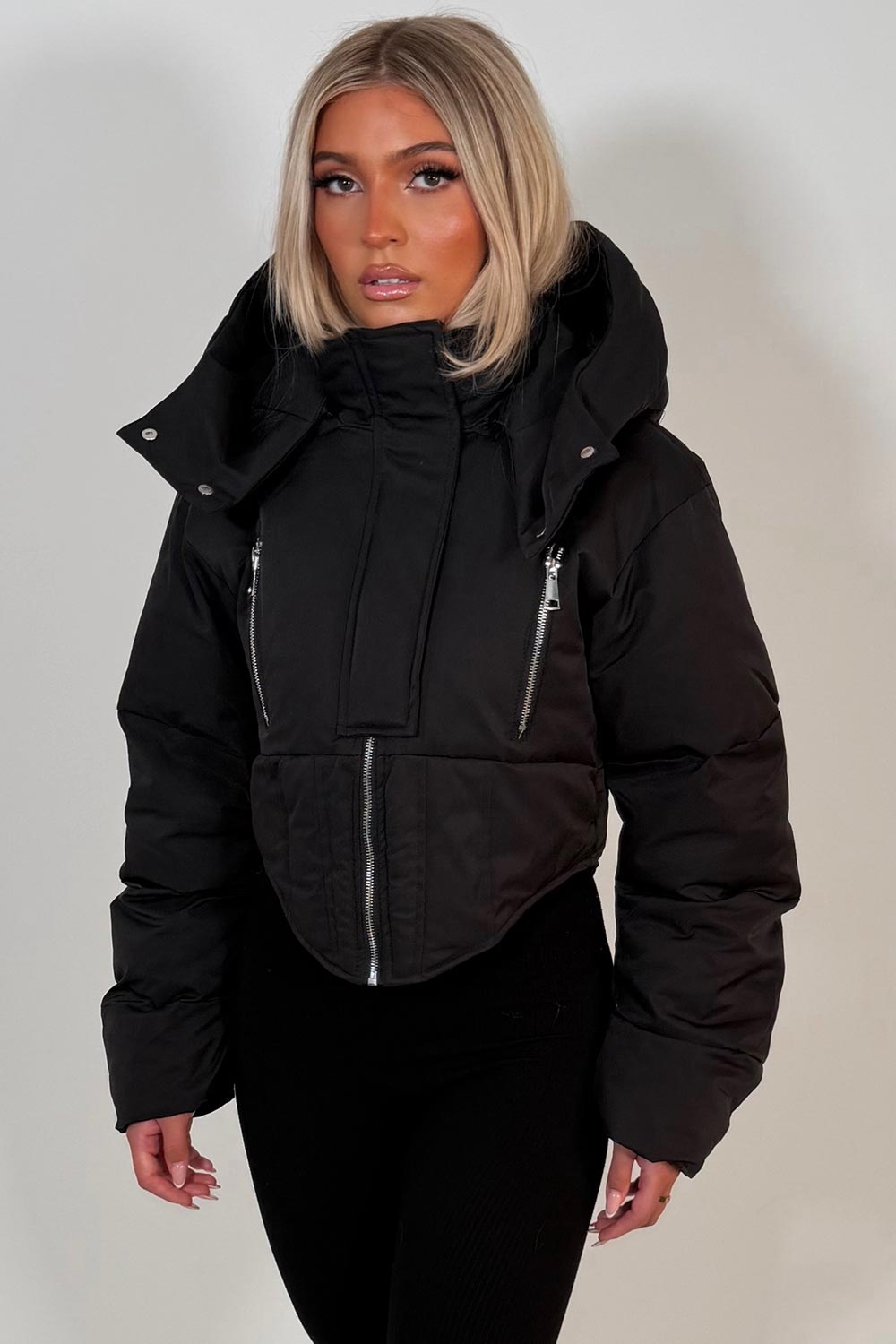 womens funnel neck crop padded puffer ski jacket for winter styledup uk