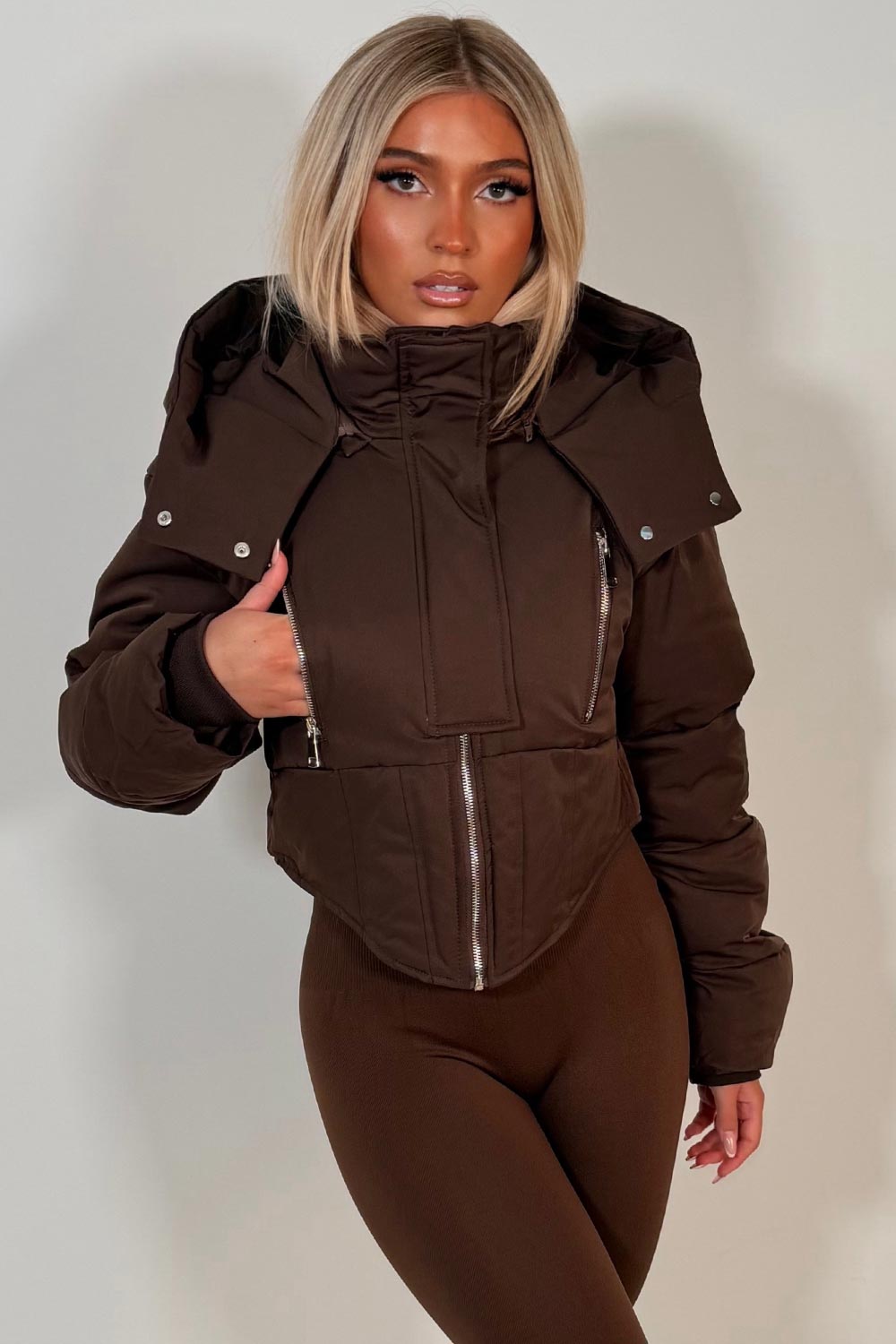 womens padded puffer hooded winter jacket with funnel neck styledup uk