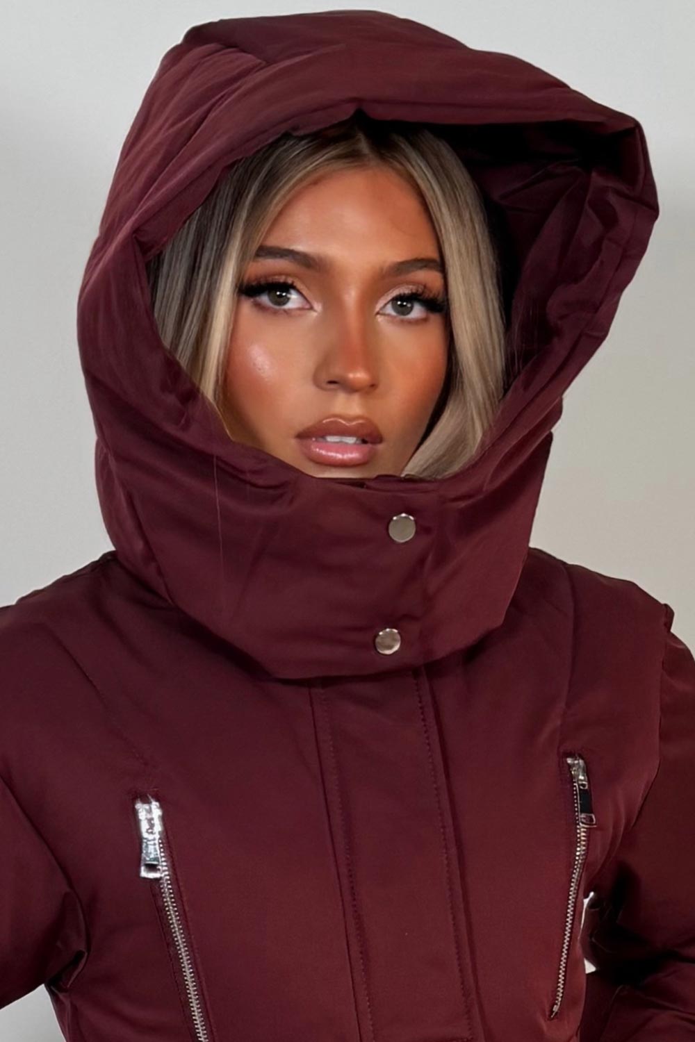 burgundy funnel neck padded ski jacket for winter womens uk styledup 