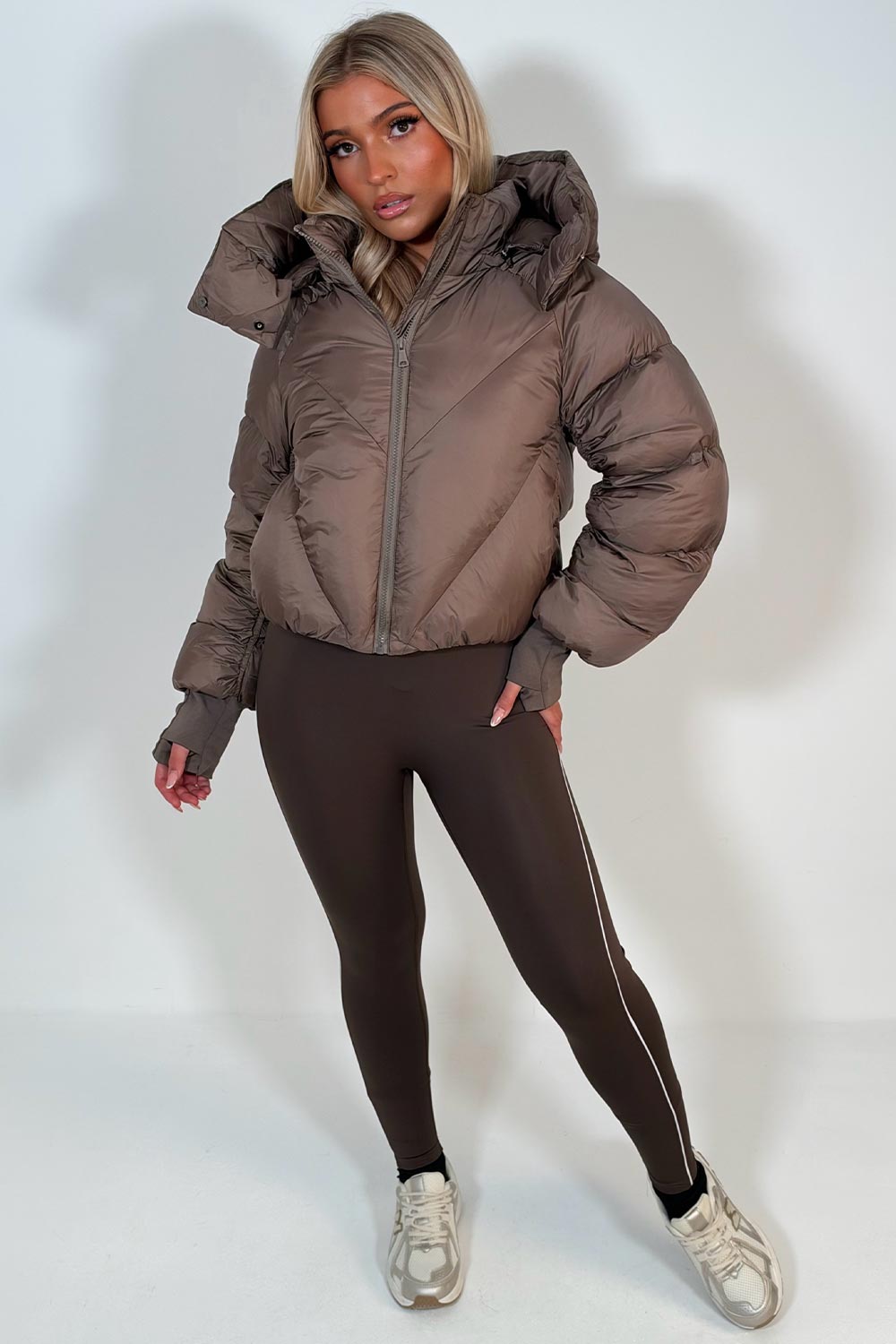 womens puffer padded hooded jacket for winter taupe