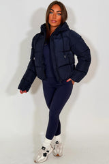 womens navy puffer padded hooded jacket zara uk
