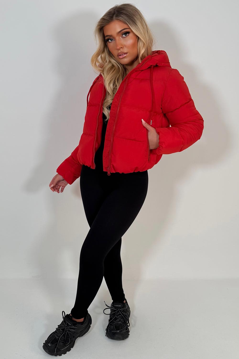zara womens red puffer jacket with hood sale 
