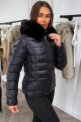 shiny puffer jacket with for hood womens