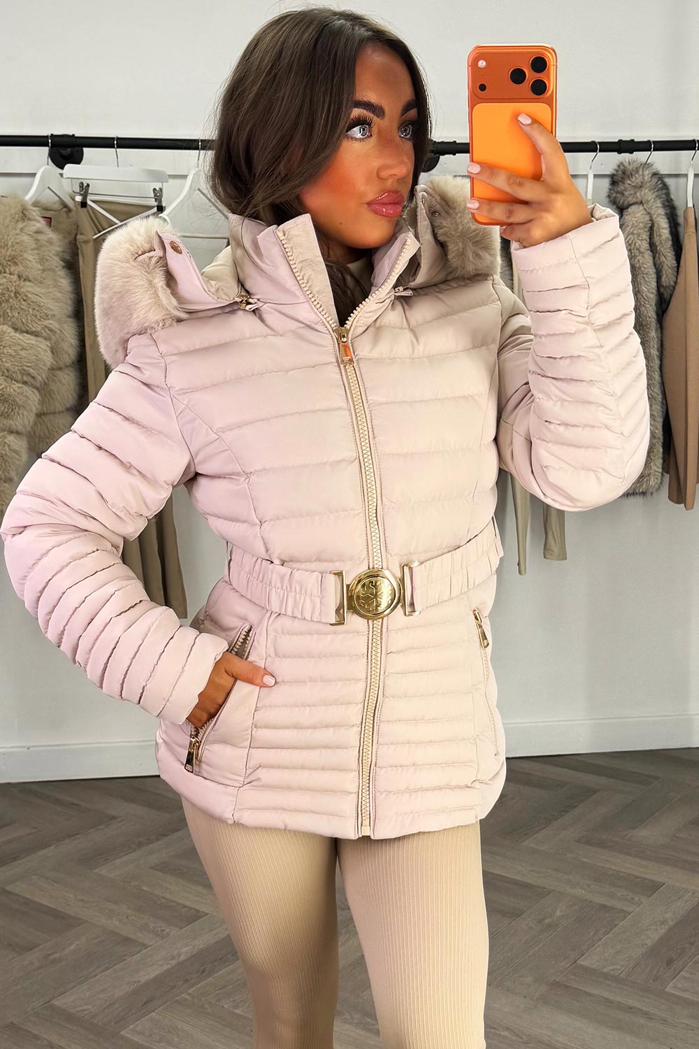 womens puffer coat with fur hood and belt 