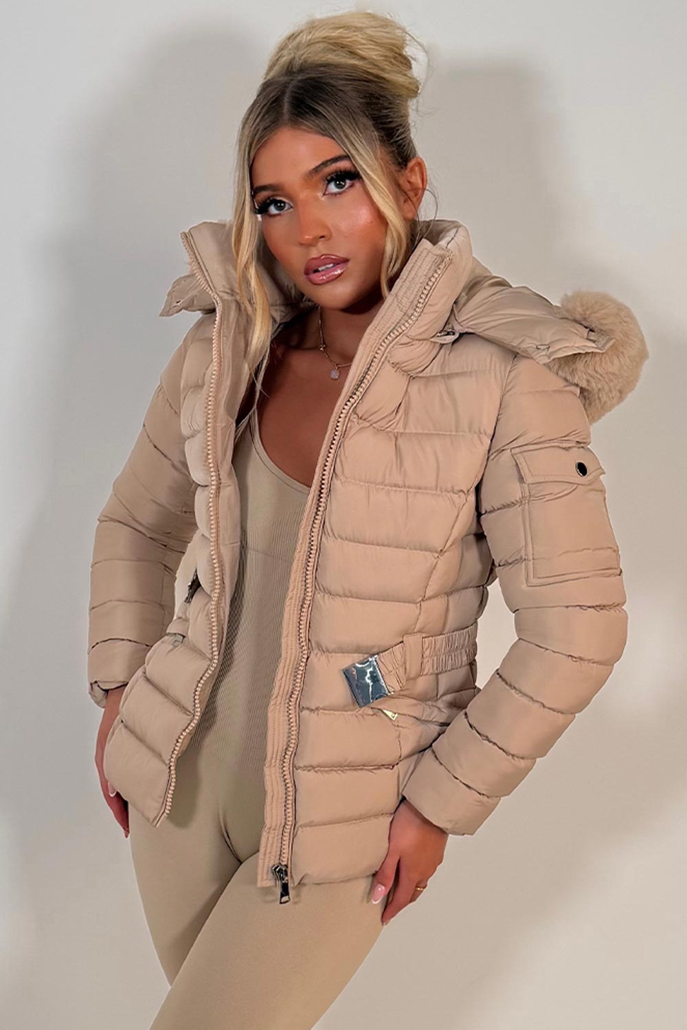 womens puffer jacket with faux fur hood styledup uk