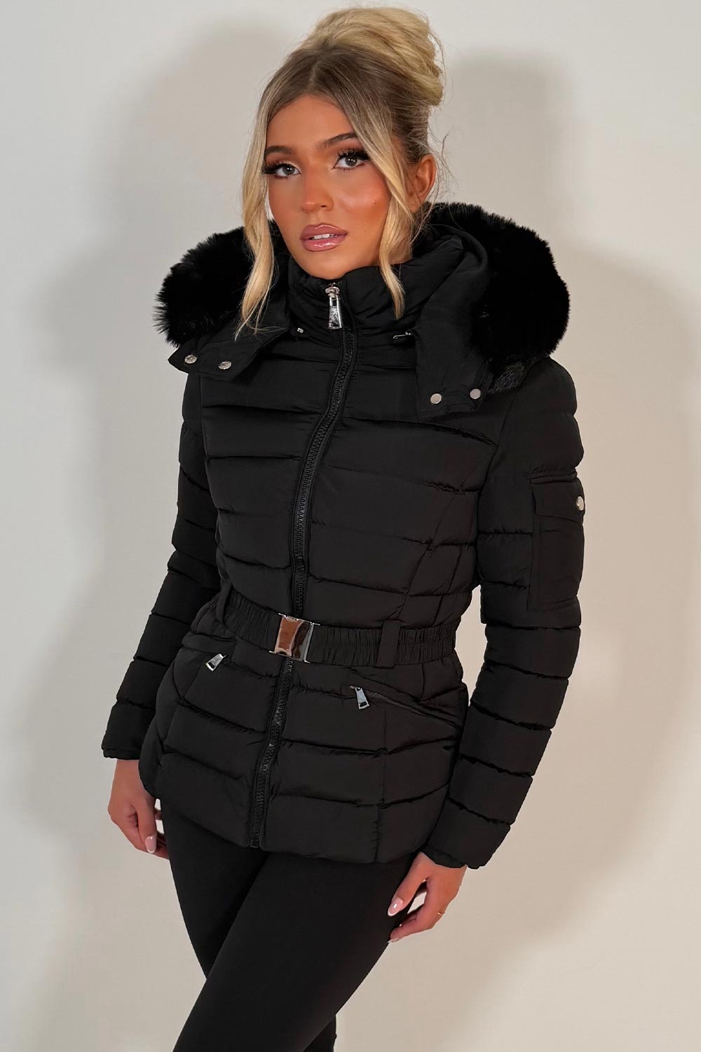 womens puffer jacket with faux fur hood and belt styledup uk