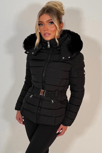 womens puffer jacket with faux fur hood and belt styledup uk