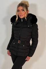 womens puffer jacket with faux fur hood and belt styledup uk