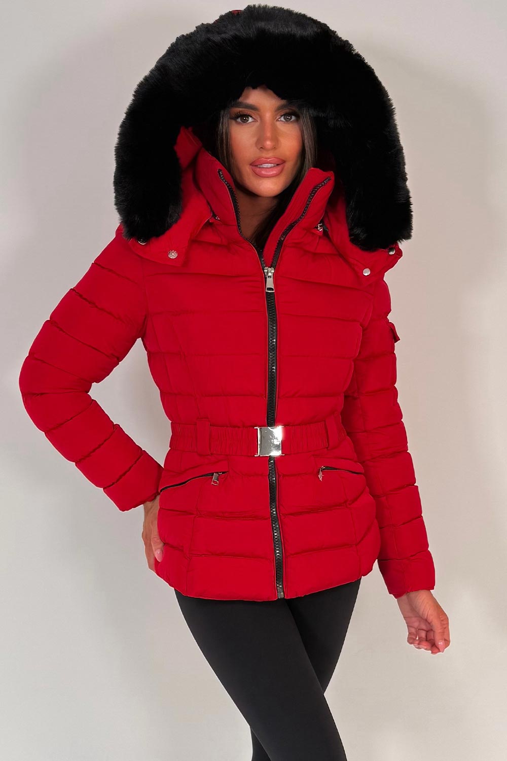womens faux fur hooded padded puffer jacket with belt styledup uk