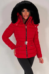 womens faux fur hooded padded puffer jacket with belt styledup uk