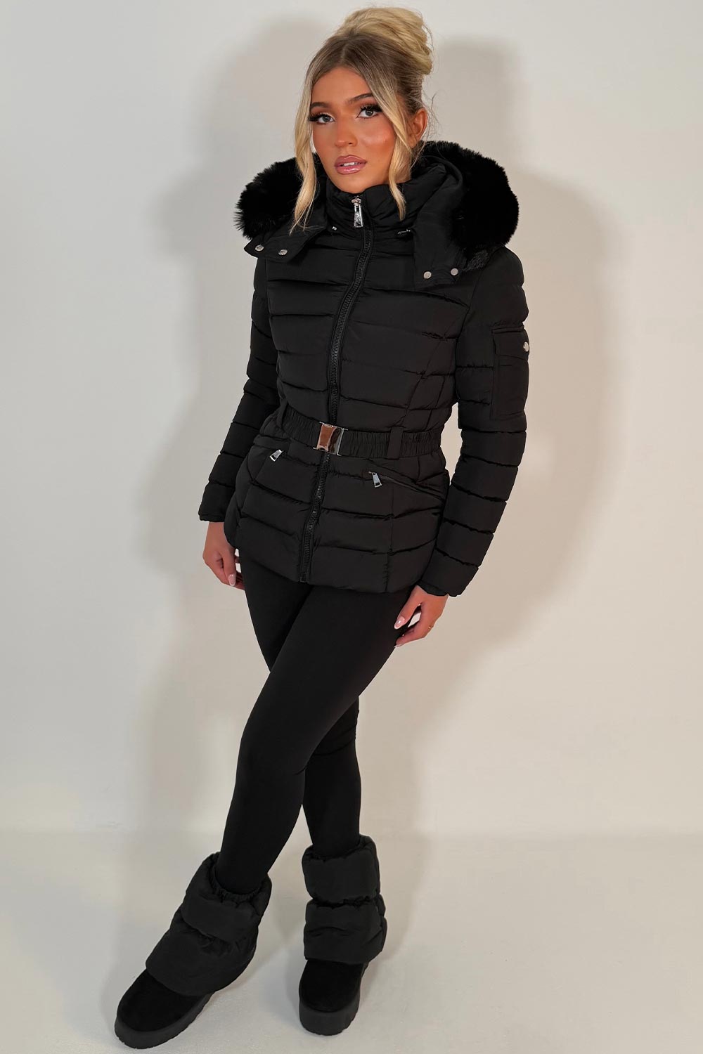 womens faux fur padded puffer hooded coat styledup