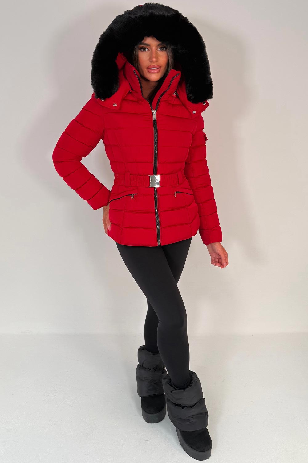 womens faux fur hooded puffer jacket with belt for winter styledup uk