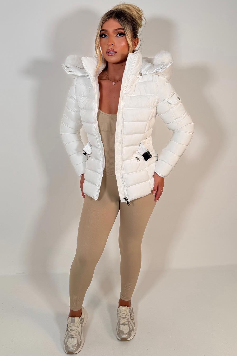 womens puffer jacket with faux fur hood and belt styledup uk