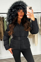 black faux fur hood winter jacket with belt styledup