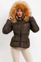 womens winter coat with faux fur hood styled up 