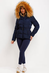 winter coat with faux fur hood and belt for womens 