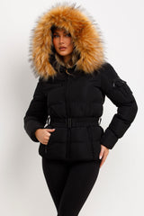 faux fur hood puffer jacket for womens 