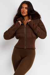 womens brown faux fur hood padded puffer winter jacket styledup uk