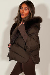 brown fur hood puffer jacket with fur trim on the front womens outerwear winter jacket styledup
