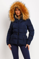 womens winter coat with faux fur hood styled up 