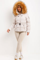 faux fur hood puffer padded winter coat with belt for womens styled up