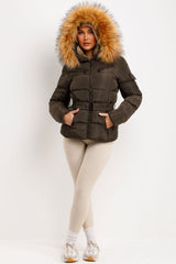faux fur hood puffer padded winter coat with belt for womens styled up