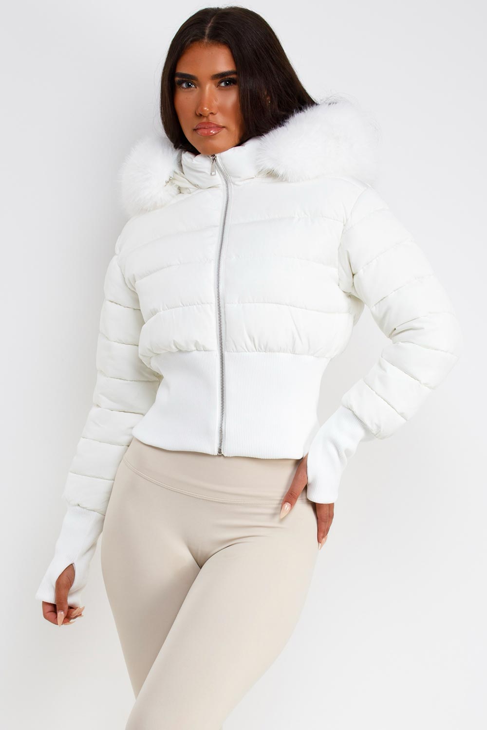 womens white faux fur hood padded puffer winter jacket styledup uk