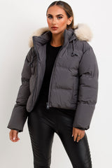 womens padded puffer faux fur hood jacket for winter styledup