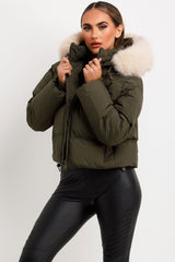 faux fur hood padded puffer short jacket for womens styled up