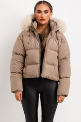 womens padded puffer faux fur hood jacket for winter styledup