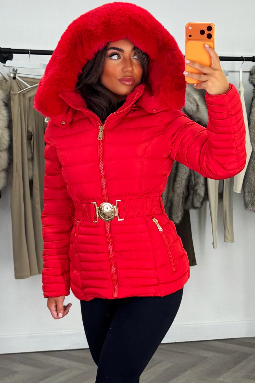 fur hood puffer coat with belt womens 