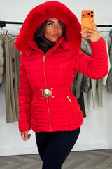 fur hood puffer coat with belt womens 
