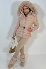 womens hooded padded puffer jacket with waist belt for winter styledup uk