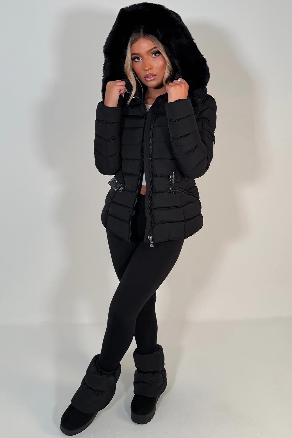 womens hooded padded puffer jacket with waist belt for winter styledup uk