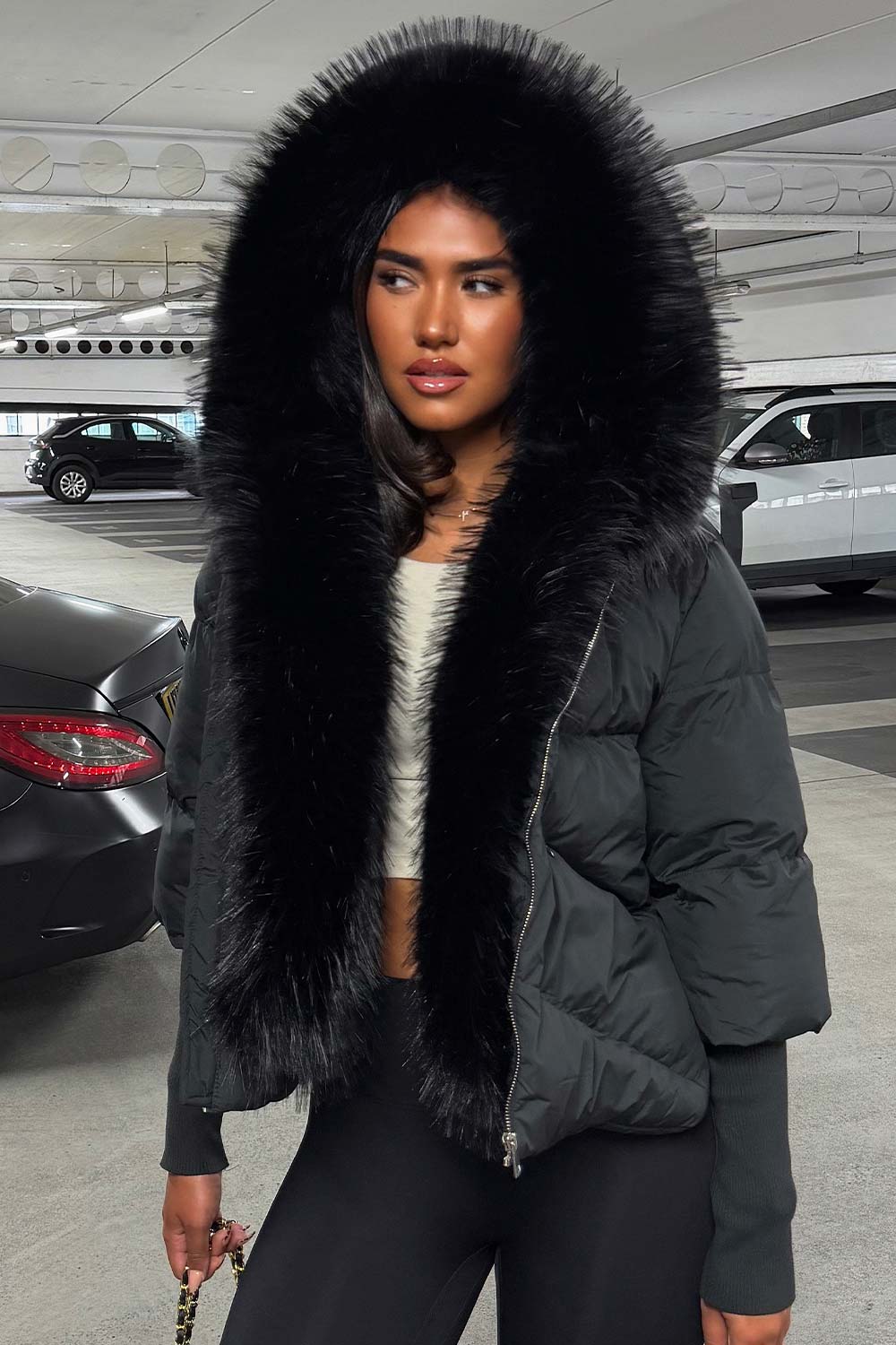 womens black puffer jacket with fur hood styledup uk