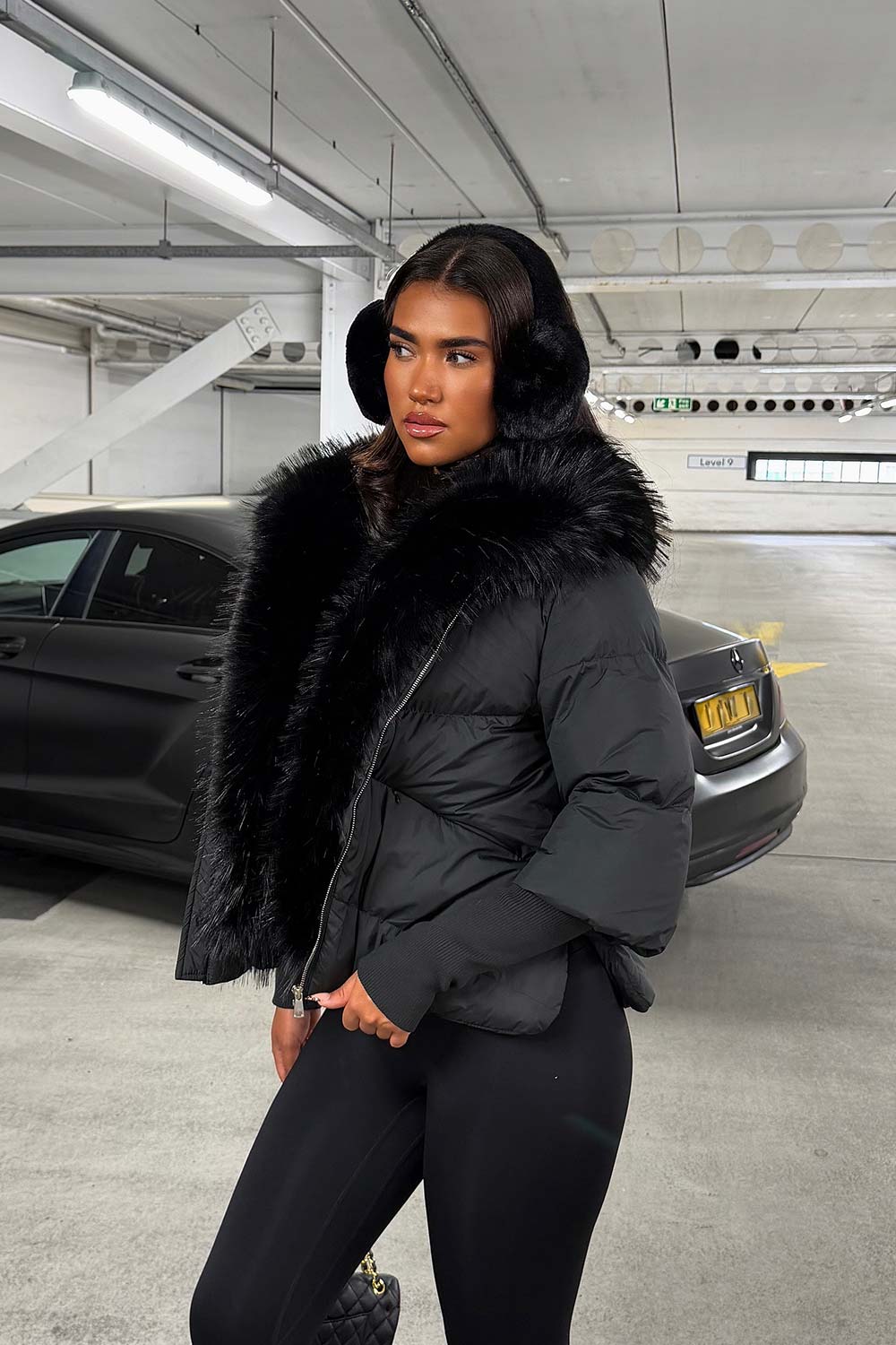 faux fur hood puffer jacket black uk