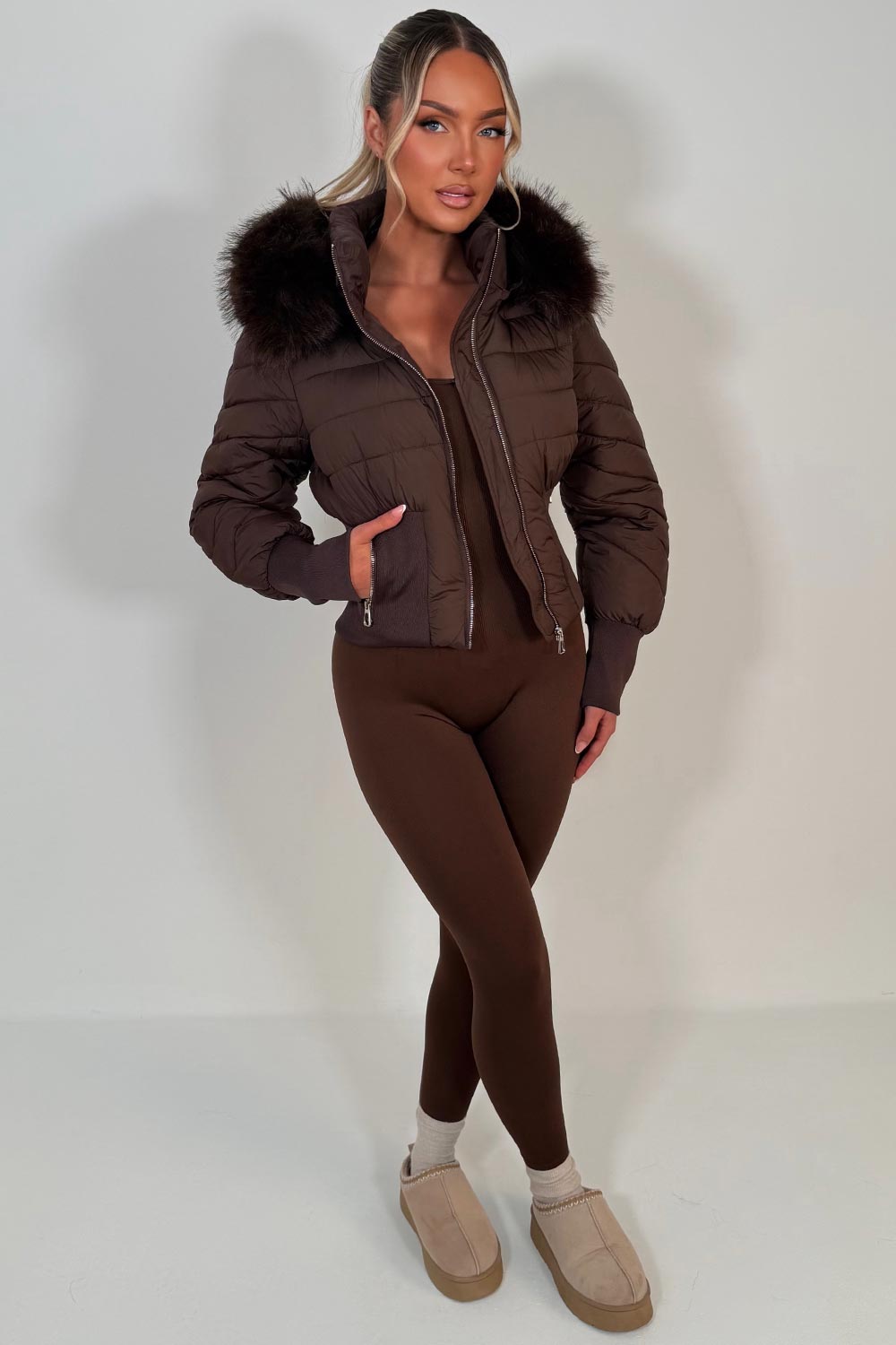 womens brown puffer padded ski jacket with fur hood styledup uk