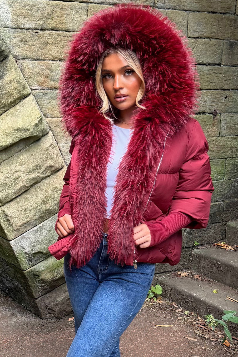 womens faux fur hood puffer winter jacket with faux fur trim on the front burgundy styledup outerwear 