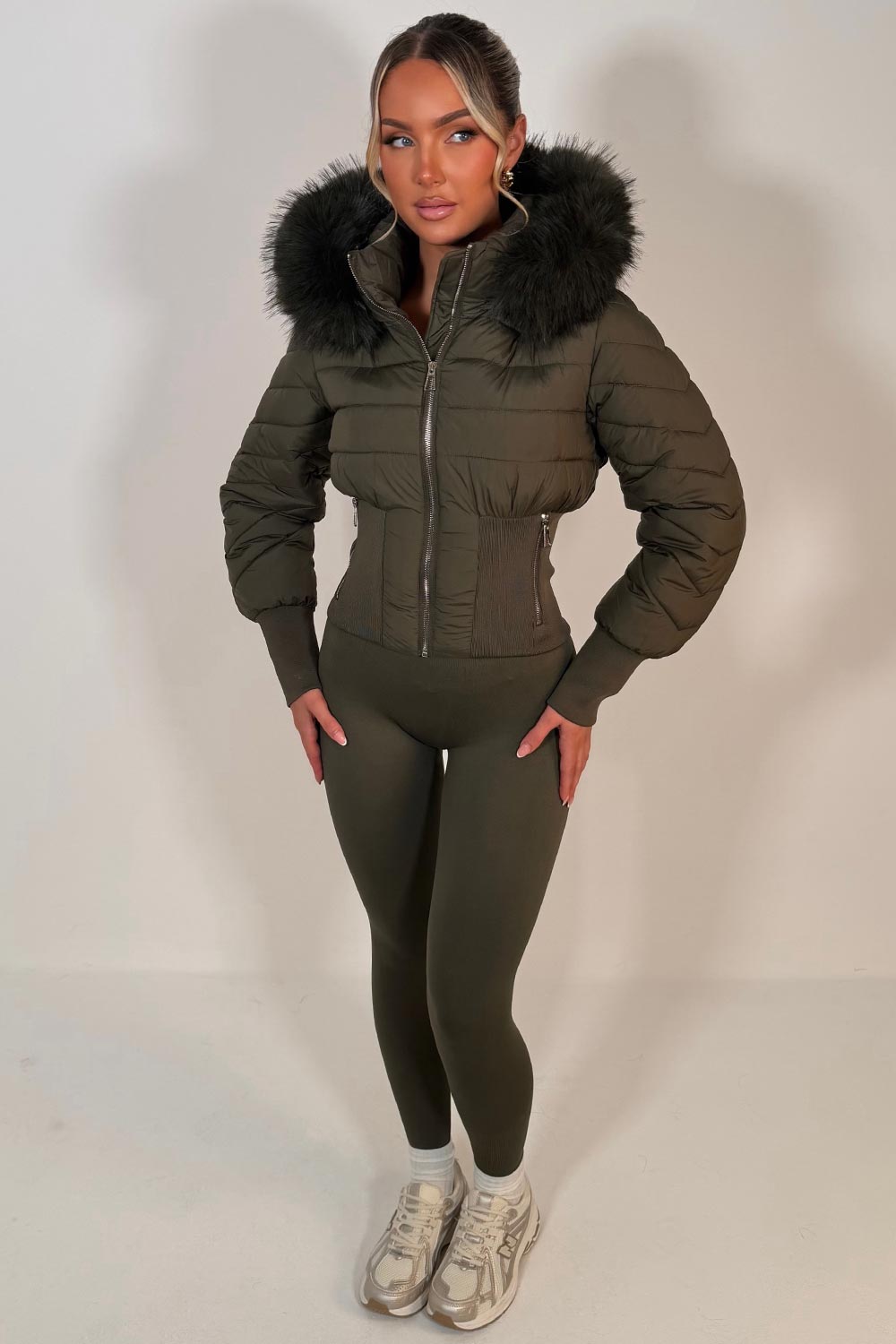 faux fur hood padded puffer jacket with cinched waist womens winter ski outerwear styledup uk