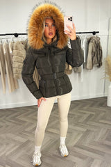 women’s belted puffer jacket fur hood khaki styledup